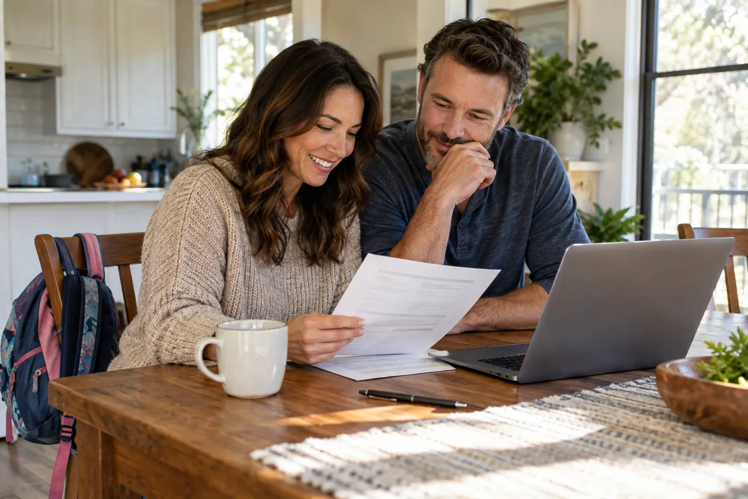 A homeowner reviewing a written roofing quote at the kitchen table
