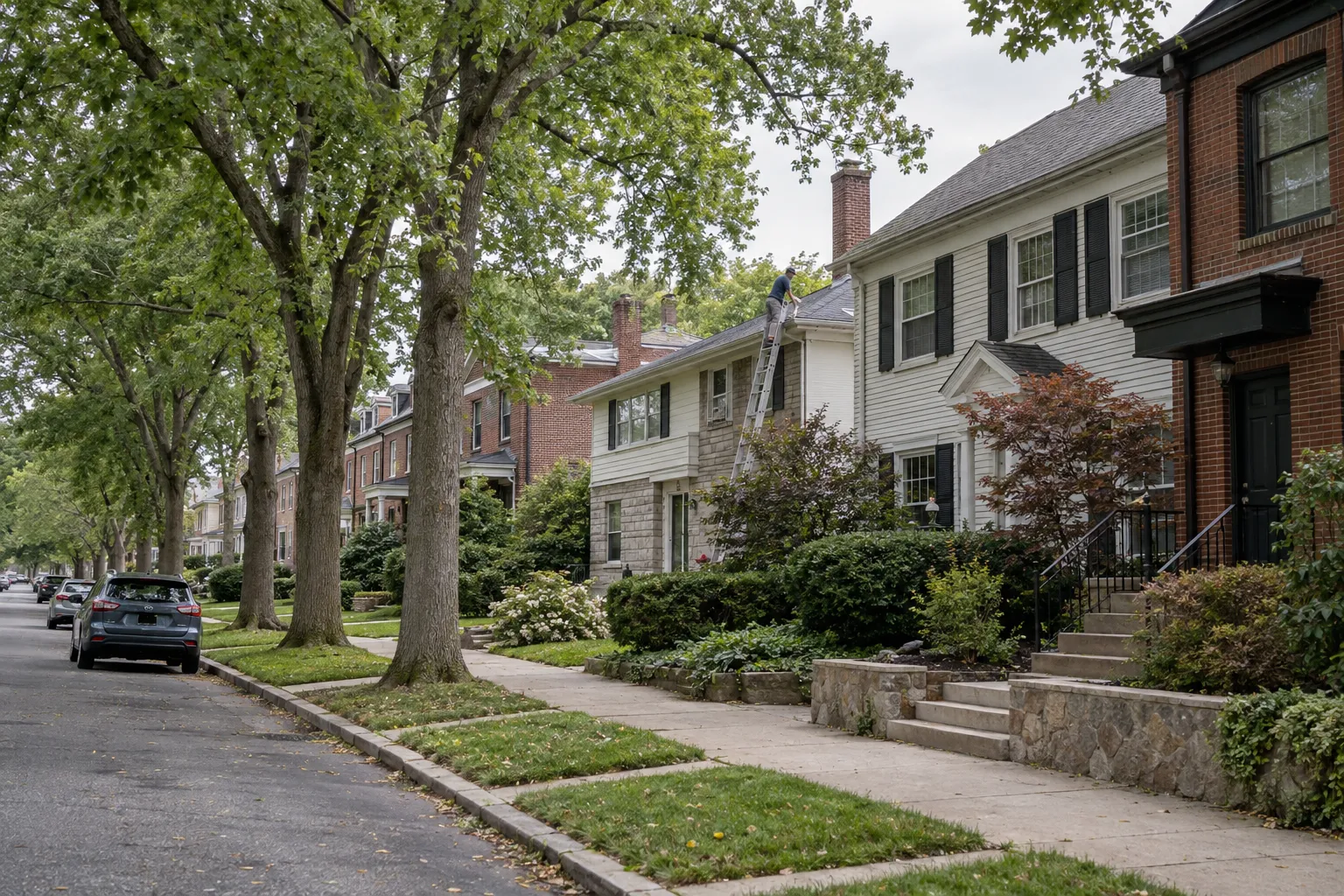 Rowhouses and colonial homes near Hamilton with varied rooflines